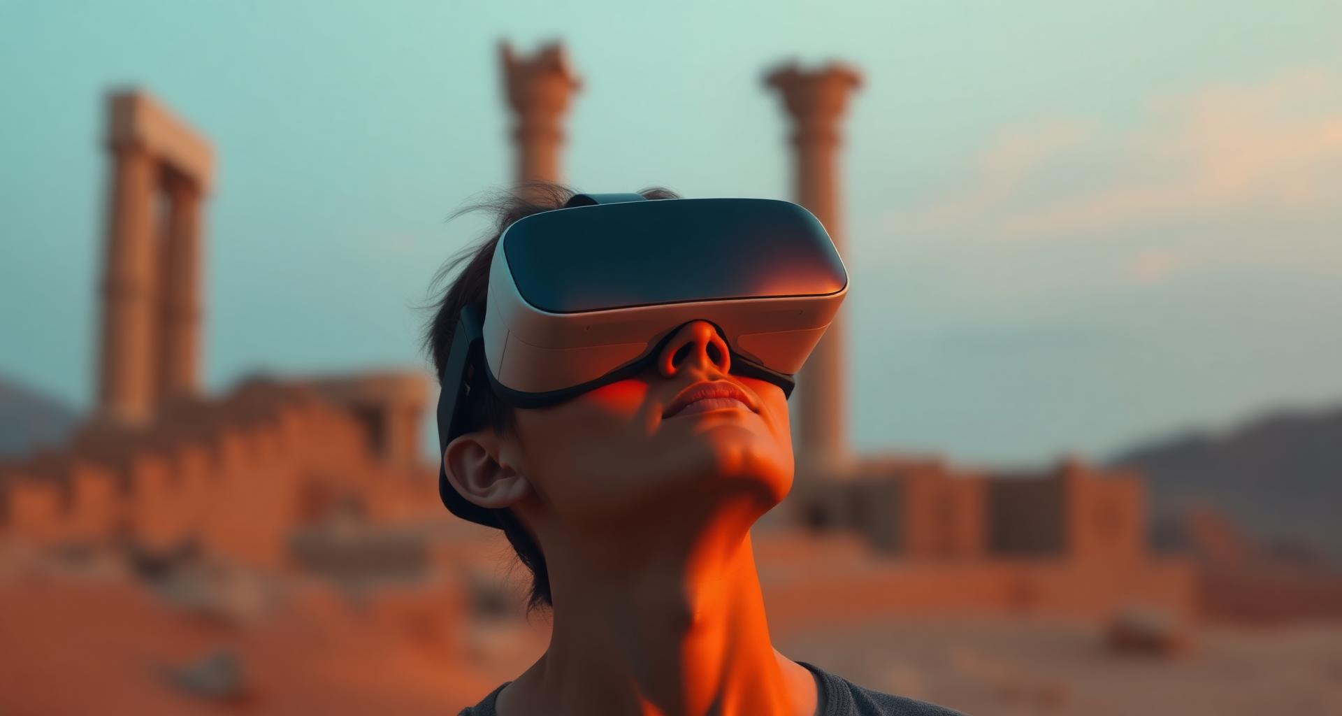 Young person wearing a VR headset in front of ancient ruins